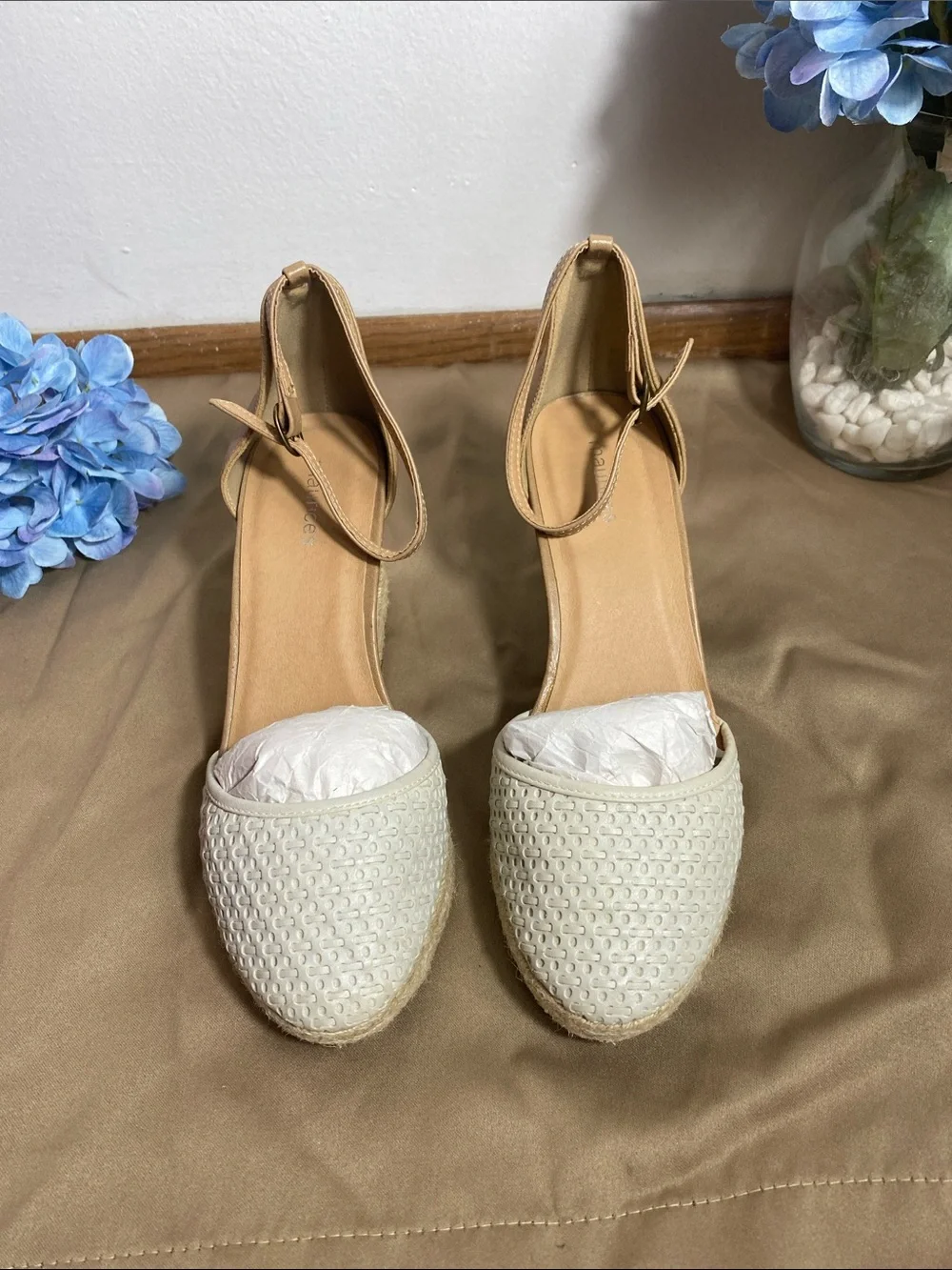 Maurices Cream Woven Espadrille Wedge Sandals with Tan Ankle Strap